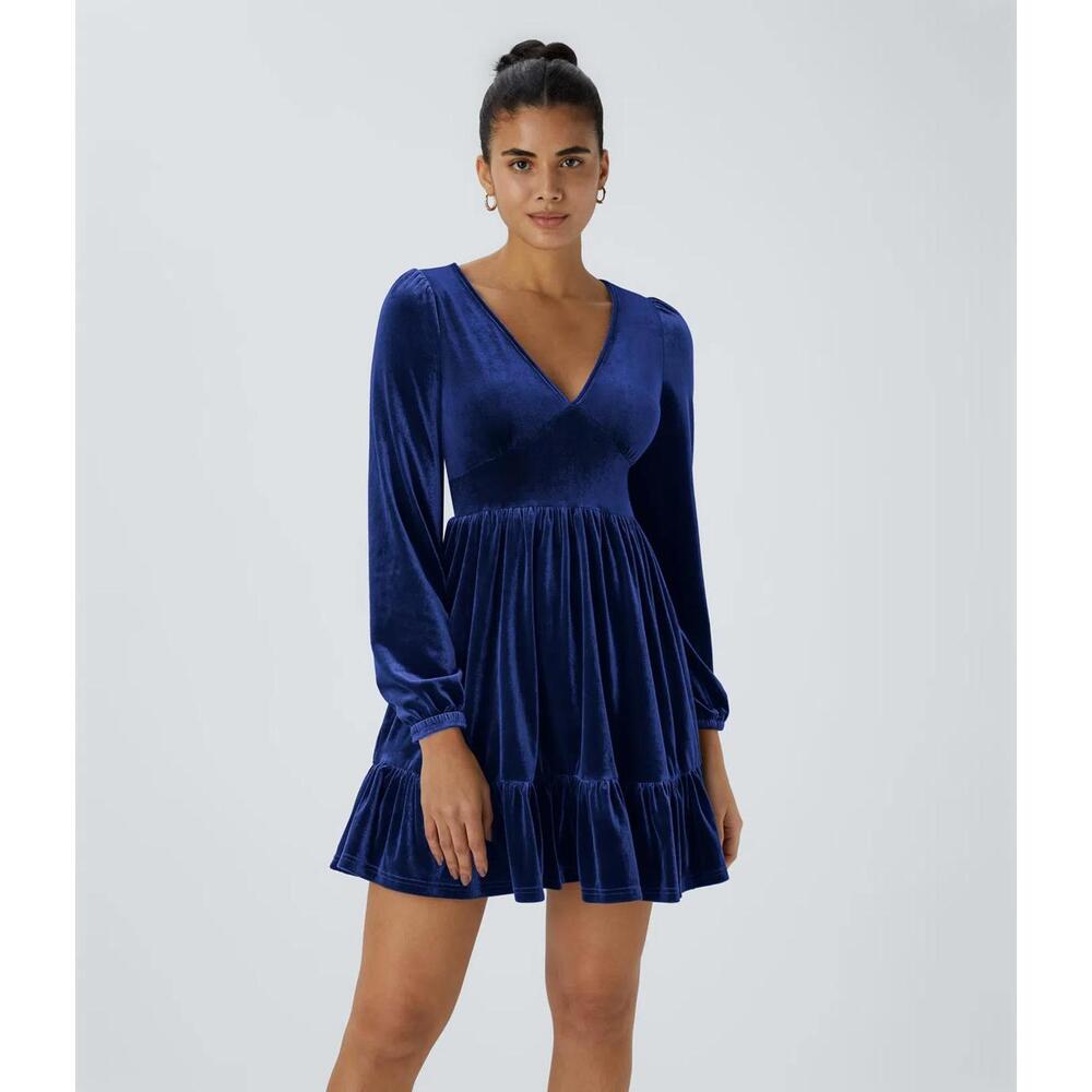 NWT Halara Everyday Deep V Neck Long Sleeve Ruffled Hem Velvet Mini Dress Large